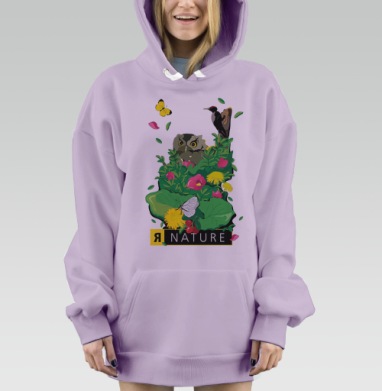 Яркая природная иллюстрация с совой и бабочками, Hoodie Mjhigh Dig Mel, Fiolet, утепленная