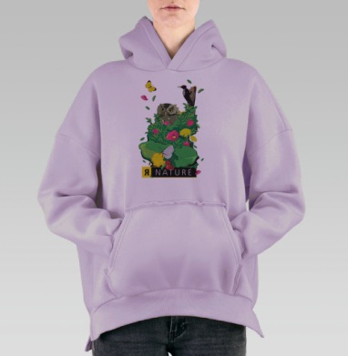 Яркая природная иллюстрация с совой и бабочками, Hoodie Oversize Fiolet, утепленная