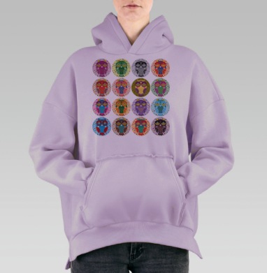 Яркий декоративный узор с совами, Hoodie Oversize Fiolet, утепленная