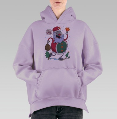 Яркий мультяшный Санта с колокольчиком и мешком, Hoodie Oversize Fiolet, утепленная