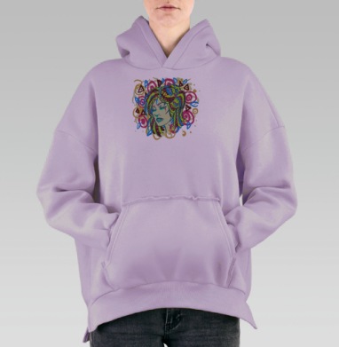 Яркий нео-поп арт портрет женщины с абстрактными узорами, Hoodie Oversize Fiolet, утепленная