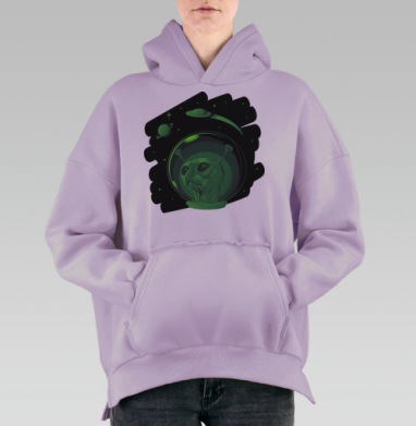 Зеленый кот-пришелец в космическом шлеме, Hoodie Oversize Fiolet, утепленная